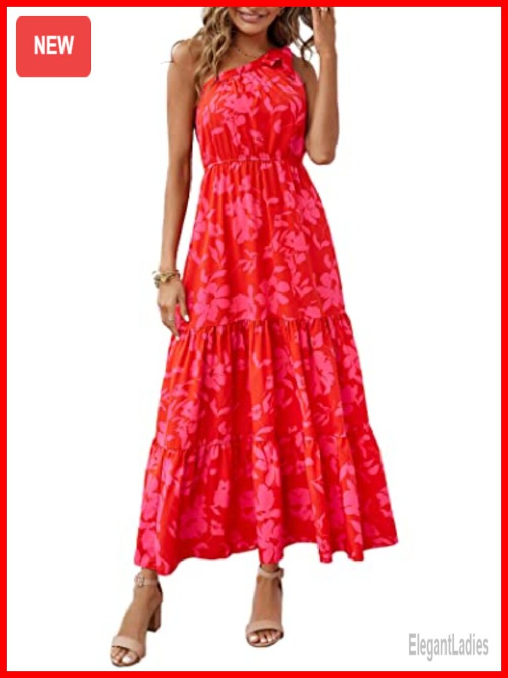 PRETTYGARDEN One Shoulder Boho Floral Maxi Dress Sleeveless Sundress Ruffled Hem